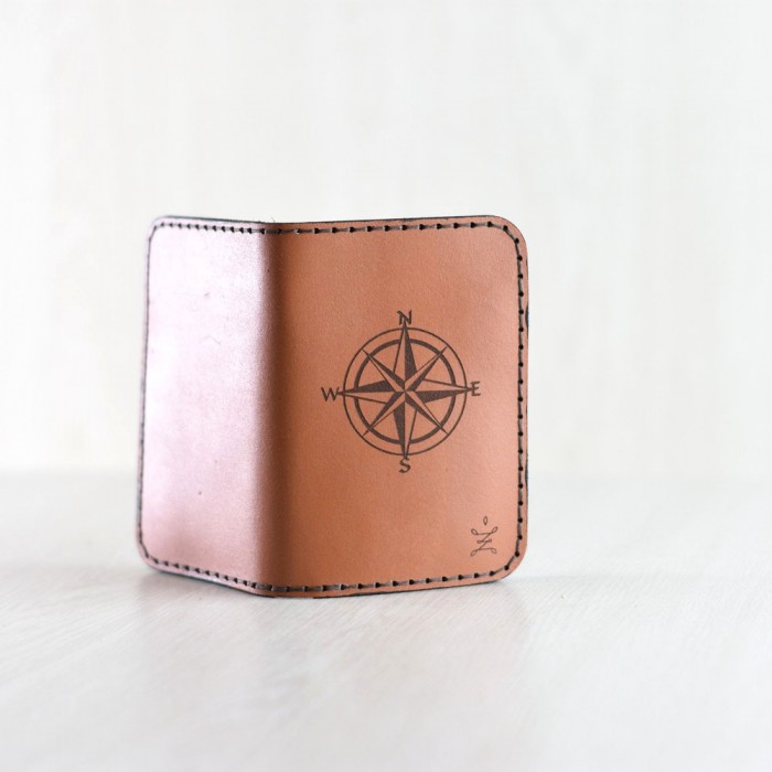 Handmade leather wallet with compass engraving 