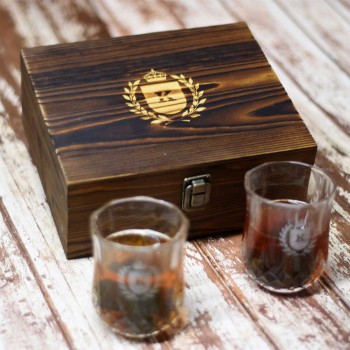 Glass glasses with engraving in a wooden gift set box