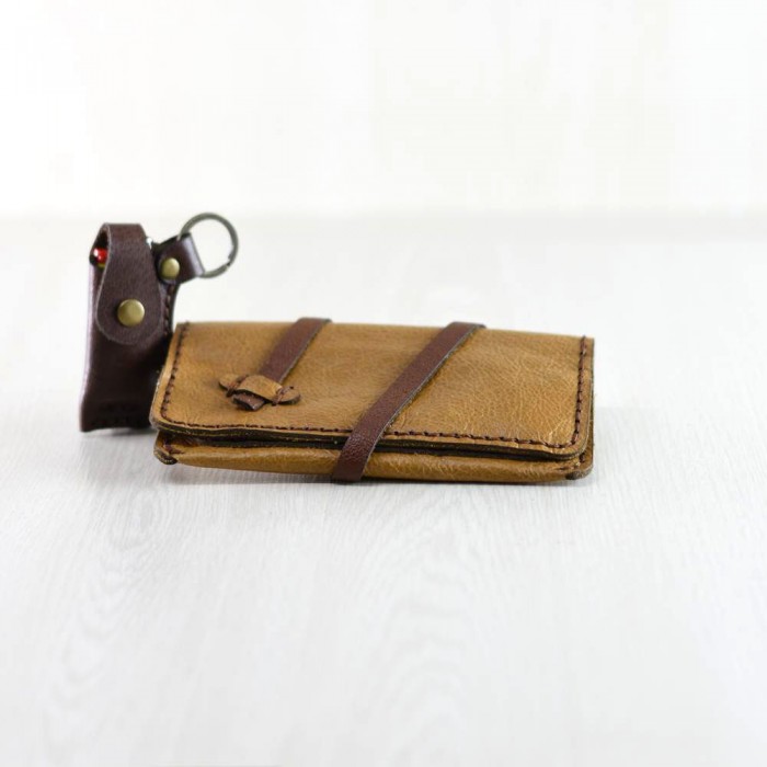 Leather tobacco case set with strap and leather case-keychain 