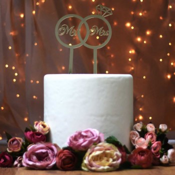 Mr & Mrs wedding cake topper and diamond in gold